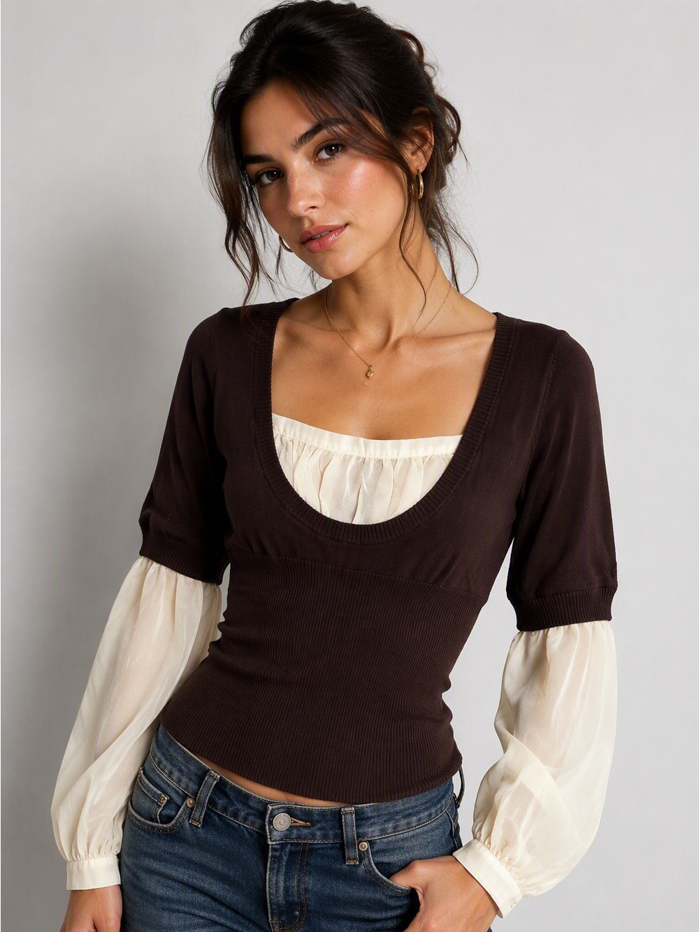 MAX STUDIO - XS Brown Ribbed Knit Top w/ Cream Blouse Sleeves – Layered Look